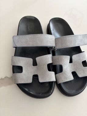 Gray Suede Slide Sandals - Metallic Gray Straps Hermes